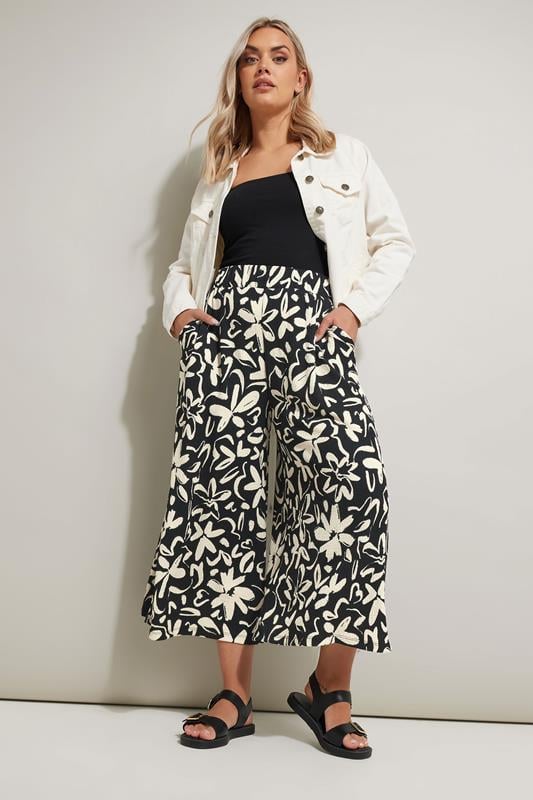 evans YOURS Curve Black Floral Print Textured Midaxi Culottes