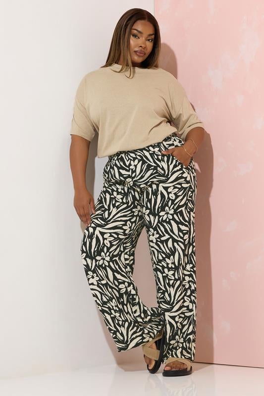 Evans YOURS Curve Black Floral Print Wide Leg Trousers