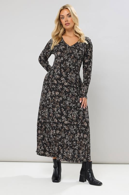 Evans YOURS Curve Black Floral Ribbed Henley Maxi Dress