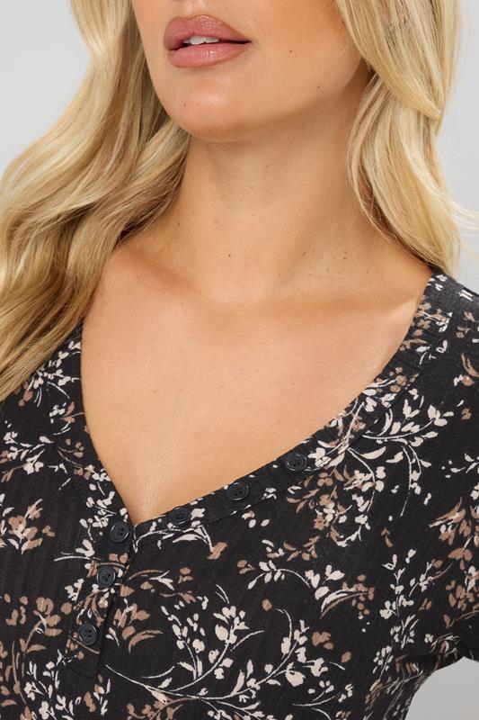 Evans YOURS Curve Black Floral Ribbed Henley Maxi Dress