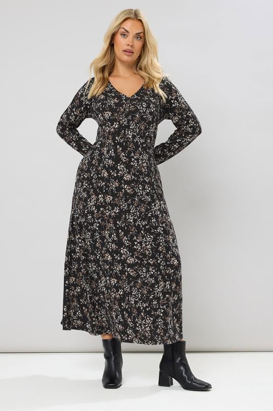 evans YOURS Curve Black Floral Ribbed Henley Maxi Dress
