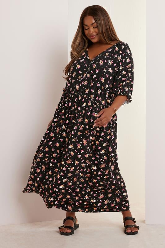 Evans YOURS Curve Black Floral Tie Front Maxi Dress