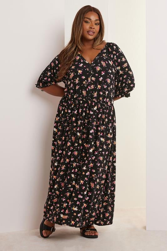 evans YOURS Curve Black Floral Tie Front Maxi Dress