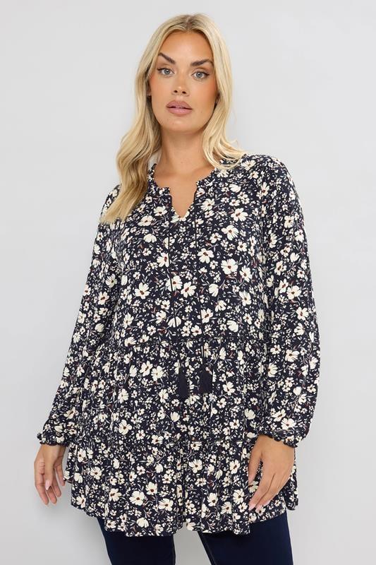Evans YOURS Curve Black Floral Tie Neck Tiered Blouse