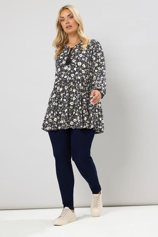 Evans YOURS Curve Black Floral Tie Neck Tiered Blouse
