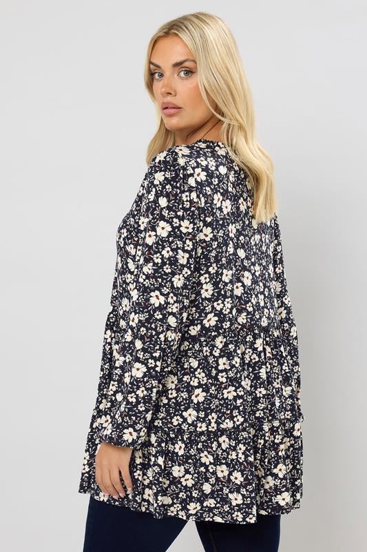 Evans YOURS Curve Black Floral Tie Neck Tiered Blouse