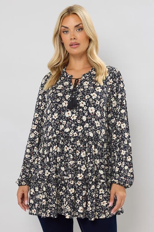 evans YOURS Curve Black Floral Tie Neck Tiered Blouse