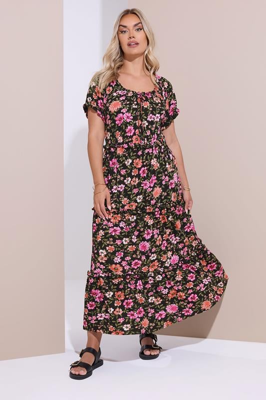 Evans YOURS Curve Black Floral Tiered Frill Maxi Dress
