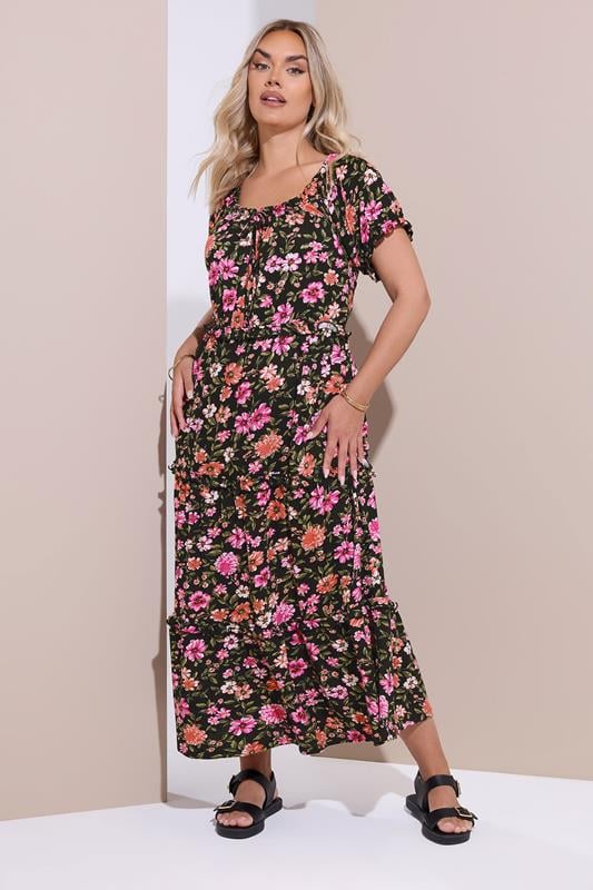 evans YOURS Curve Black Floral Tiered Frill Maxi Dress