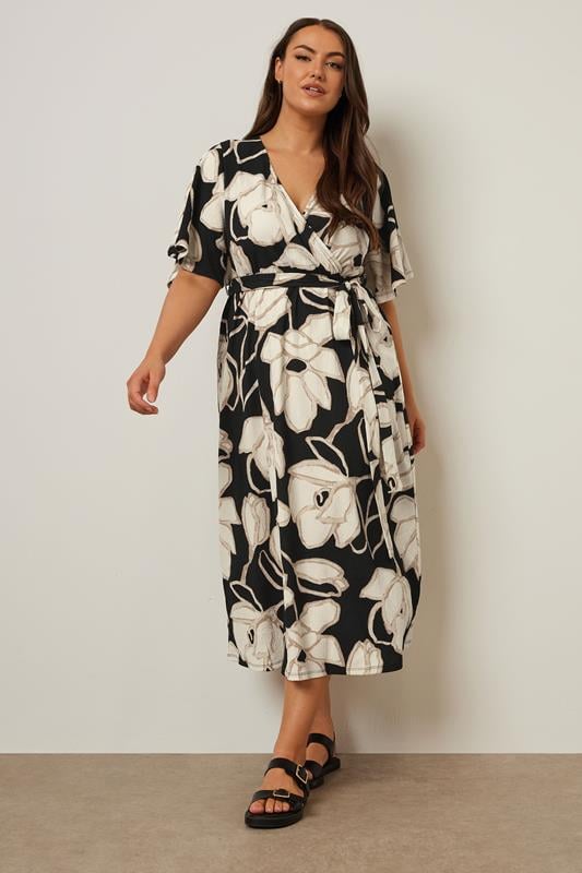 Evans YOURS Curve Black Floral Wrap Textured Midi Dress