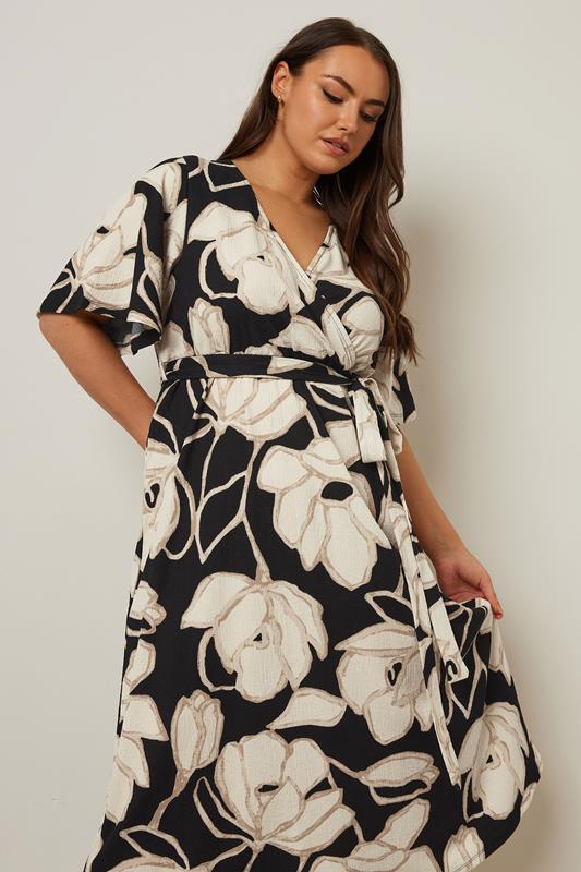 Evans YOURS Curve Black Floral Wrap Textured Midi Dress