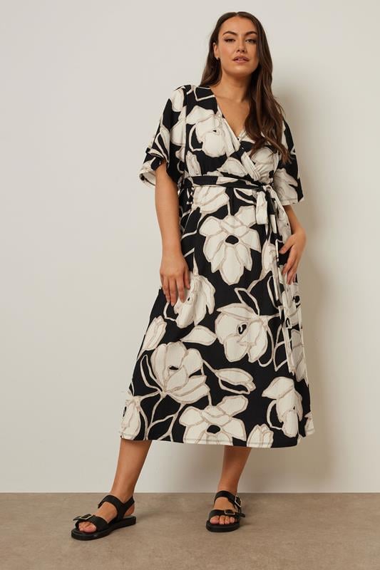 evans YOURS Curve Black Floral Wrap Textured Midi Dress