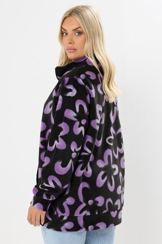 Evans YOURS Curve Black Floral Zip Through Fleece Jacket
