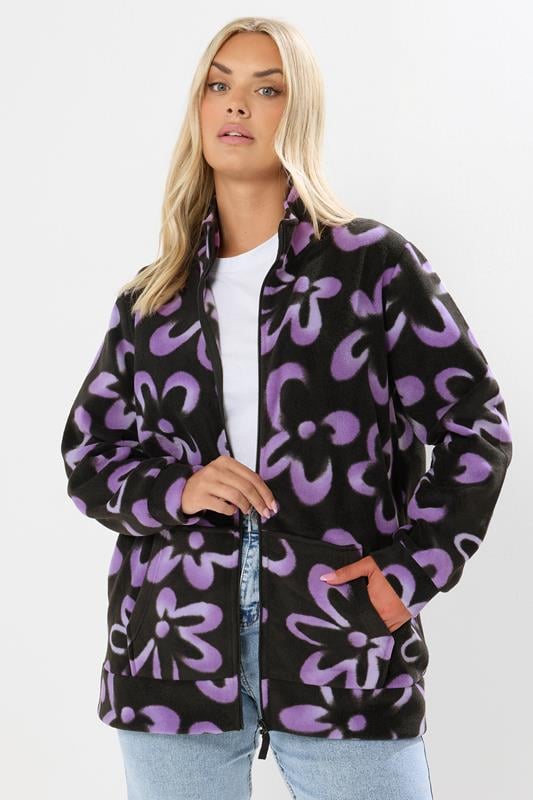 evans YOURS Curve Black Floral Zip Through Fleece Jacket