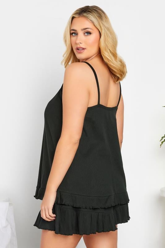 Evans YOURS Curve Black Frill Ribbed Cotton Pyjama Top