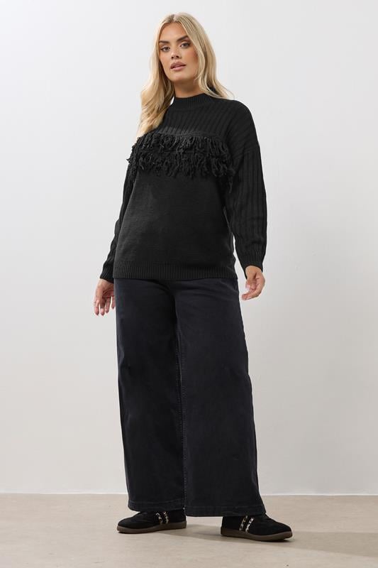 Evans YOURS Curve Black Fringe Ribbed Knitted Jumper