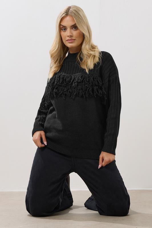 evans YOURS Curve Black Fringe Ribbed Knitted Jumper