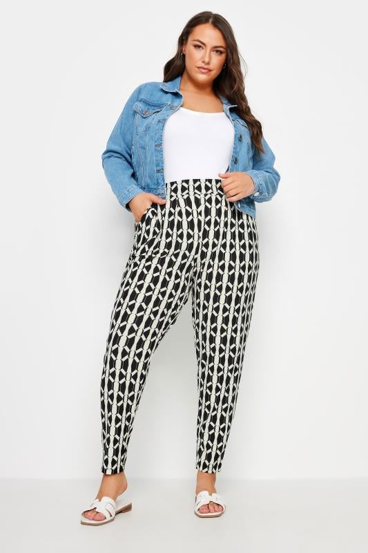 Evans YOURS Curve Black Geometric Print Double Pleat Harem Trousers