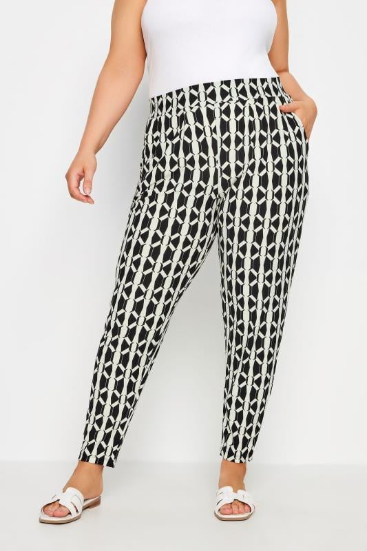 evans YOURS Curve Black Geometric Print Double Pleat Harem Trousers