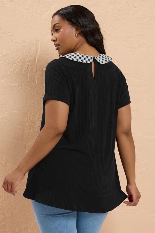 Evans YOURS Curve Black Gingham Collar Ribbed Swing Top