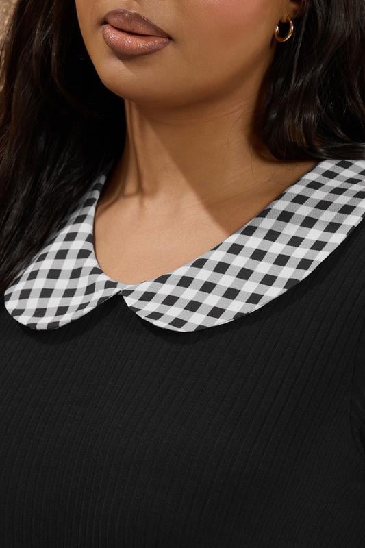 Evans YOURS Curve Black Gingham Collar Ribbed Swing Top
