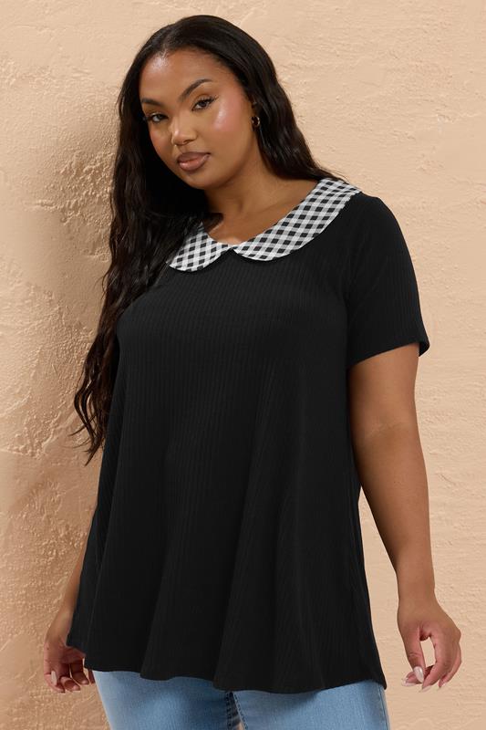 evans YOURS Curve Black Gingham Collar Ribbed Swing Top