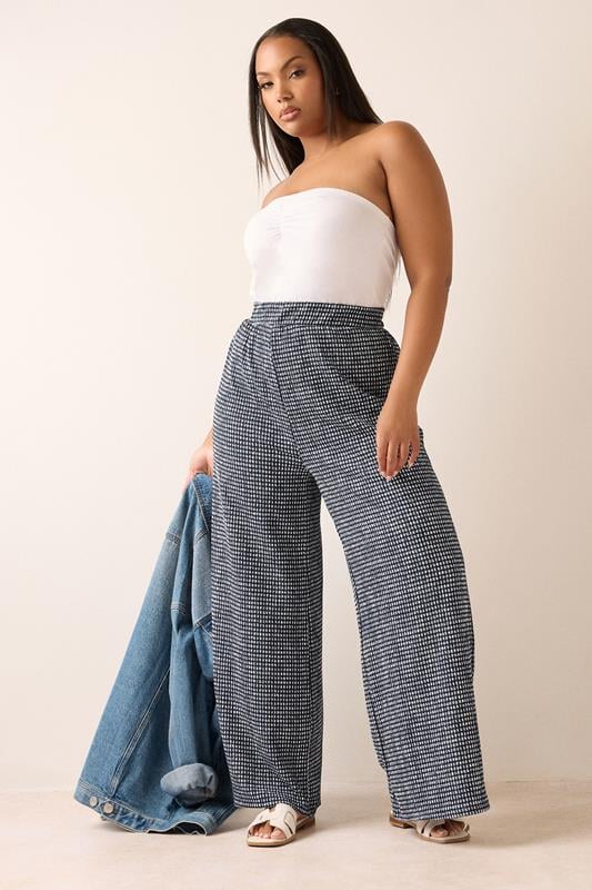 Evans YOURS Curve Black Gingham Crinkle Wide Leg Trousers