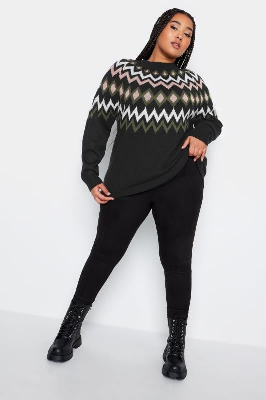 Evans YOURS Curve Black & Green Fairisle Knitted Jumper