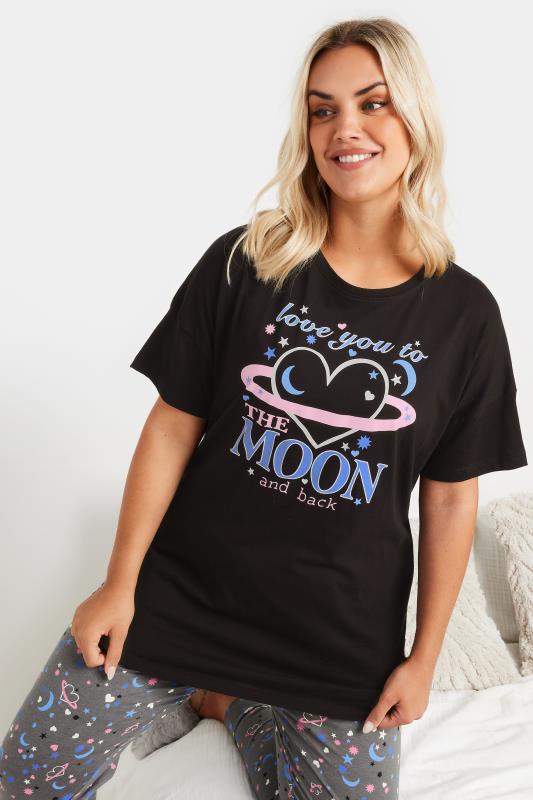 Evans YOURS Curve Black & Grey Slogan Cuffed Pyjama Set