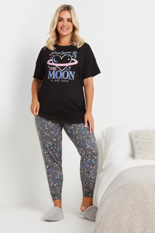 evans YOURS Curve Black & Grey Slogan Cuffed Pyjama Set