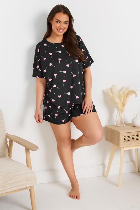 Evans YOURS Curve Black Heart Lollipop Short Pyjama Set