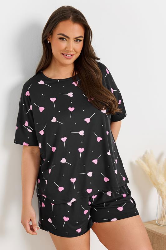 Evans YOURS Curve Black Heart Lollipop Short Pyjama Set