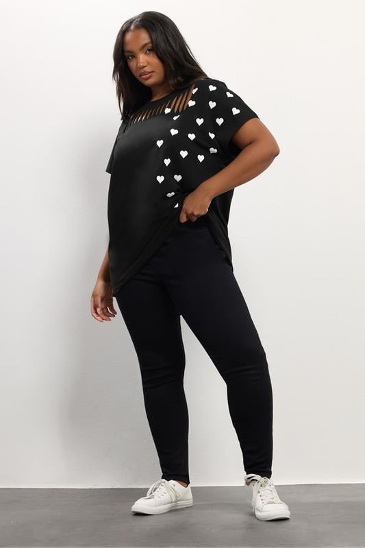 Evans YOURS Curve Black Heart Print Slash Detail Top