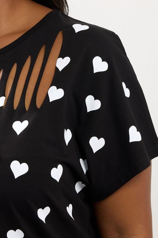 Evans YOURS Curve Black Heart Print Slash Detail Top
