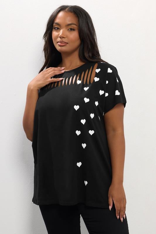 evans YOURS Curve Black Heart Print Slash Detail Top