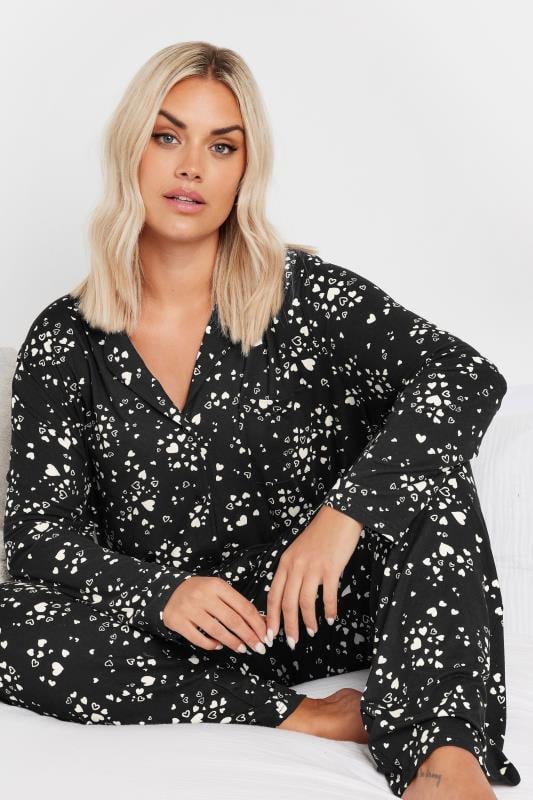 evans YOURS Curve Black Heart Print Soft Touch Pyjama Set