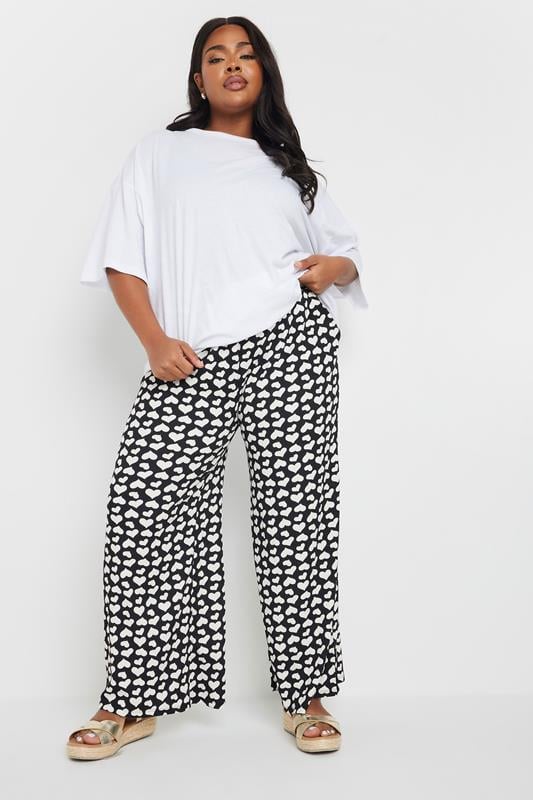 Evans YOURS Curve Black Heart Print Wide Leg Trousers