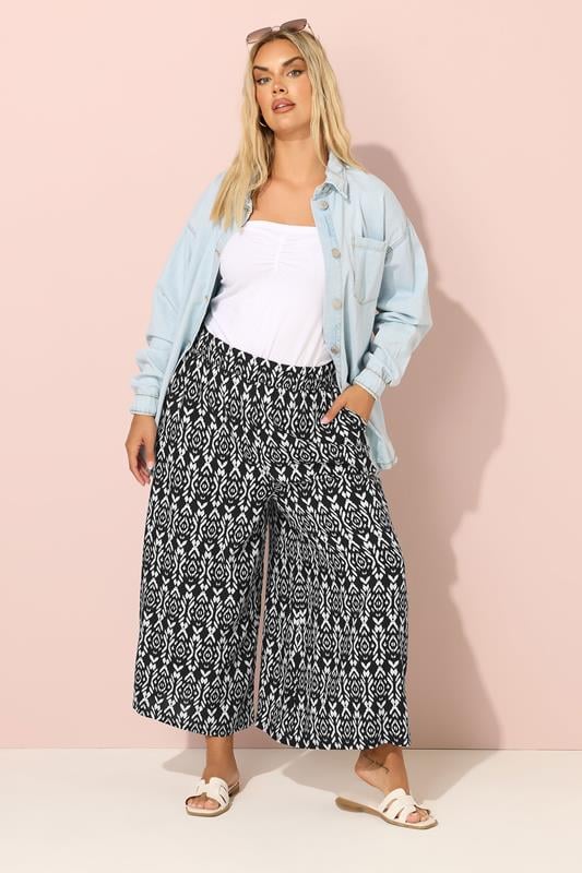 Evans YOURS Curve Black Ikat Print Wide Leg Trousers