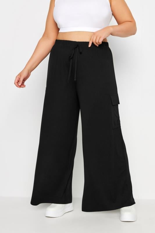 evans YOURS Curve Black Jersey Wide Leg Cargo Trousers
