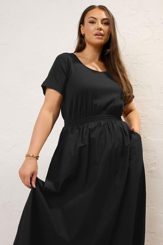 Evans YOURS Curve Black Jersey & Woven Mix Fabric Midaxi Skater Dress