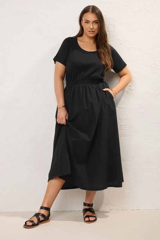 Evans YOURS Curve Black Jersey & Woven Mix Fabric Midaxi Skater Dress