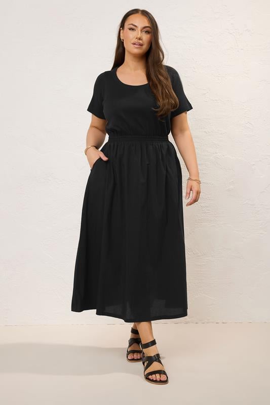 evans YOURS Curve Black Jersey & Woven Mix Fabric Midaxi Skater Dress
