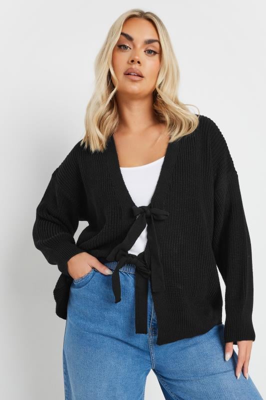 Evans YOURS Curve Black Knitted Bow Tie Front Cardigan