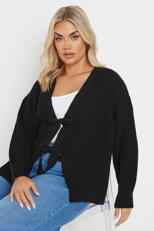 evans YOURS Curve Black Knitted Bow Tie Front Cardigan
