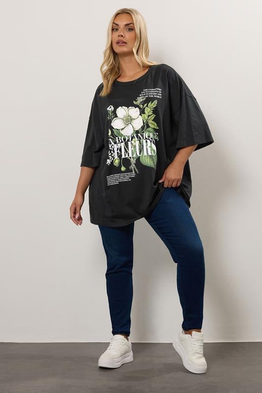 Evans YOURS Curve Black 'La Botanique Fleurs' Floral Oversized Graphic T-Shirt