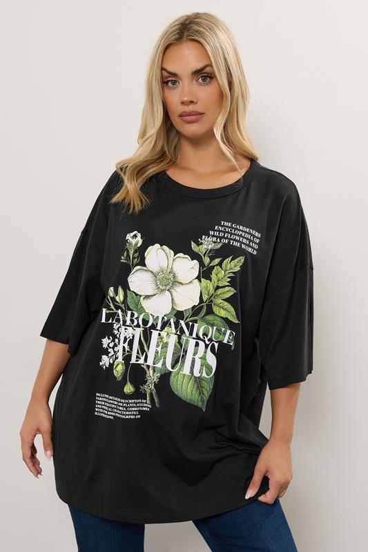 evans YOURS Curve Black 'La Botanique Fleurs' Floral Oversized Graphic T-Shirt
