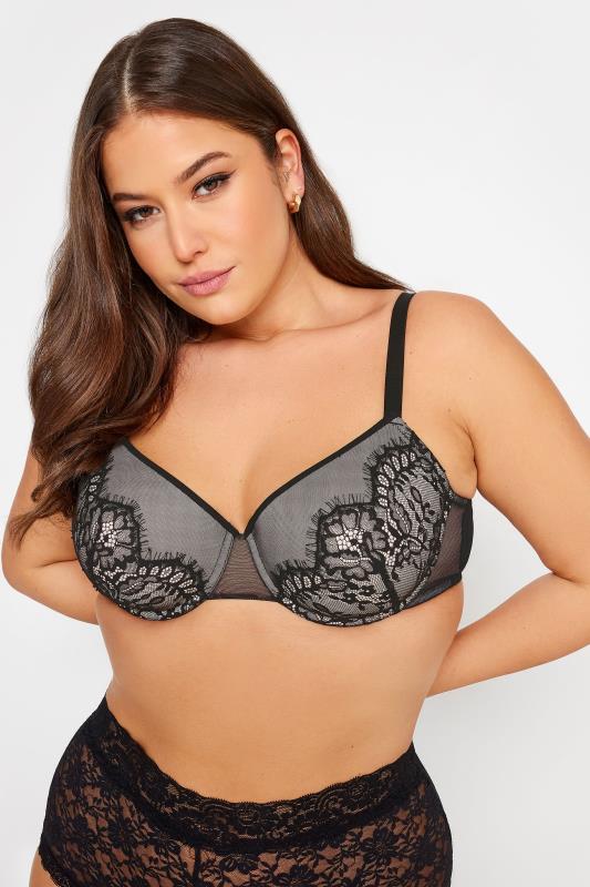 Evans YOURS Curve Black Lace Detail Mesh Padded T-Shirt Bra