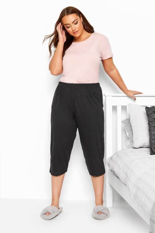 Evans YOURS Curve Black Lace Trim Crop Pyjama Bottoms