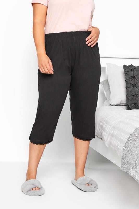 evans YOURS Curve Black Lace Trim Crop Pyjama Bottoms