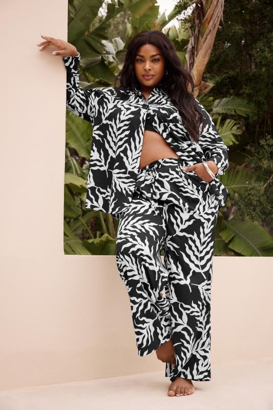 Evans Yours Curve Black Leaf Print Drawstring Wide Leg Trousers